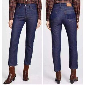 Levis Wedgie Straight Jeans Women 29 Blue Button Fly Fringe Pockets Western Boho